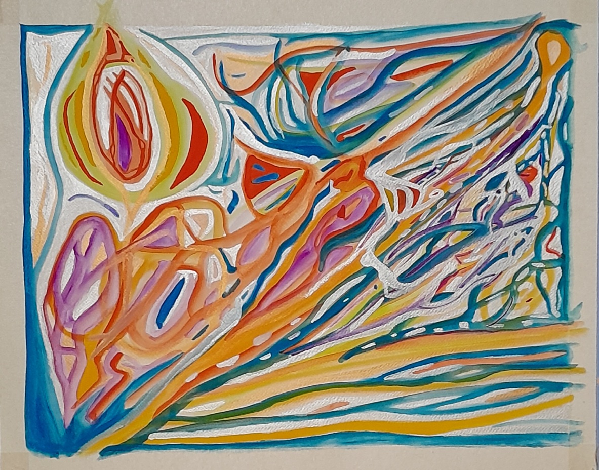 Shimmering moving abstract painting of blue, silver, yellow, violet, and gold.