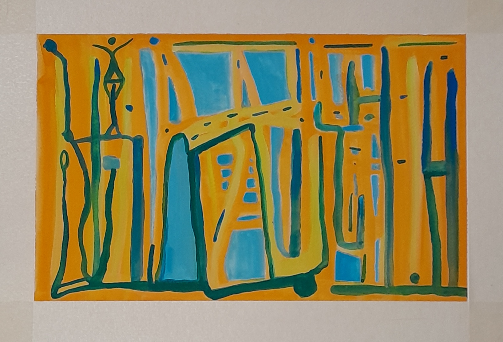 Yellow, blue, green forms with interlocking lines that create a feeling of balance and stability