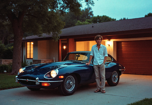 An AI-generated image of the author standing next to his late father's E-Type Jaguar in the co-do in California. All imagined!
