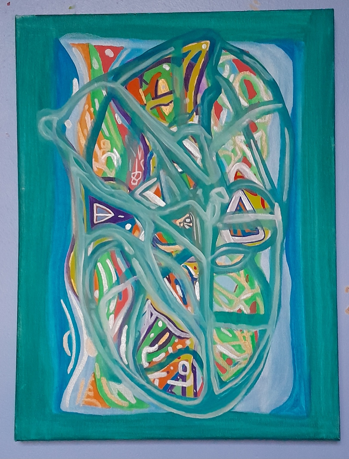 green and white interlocking lines over an abstract landscape form the impression of a face.