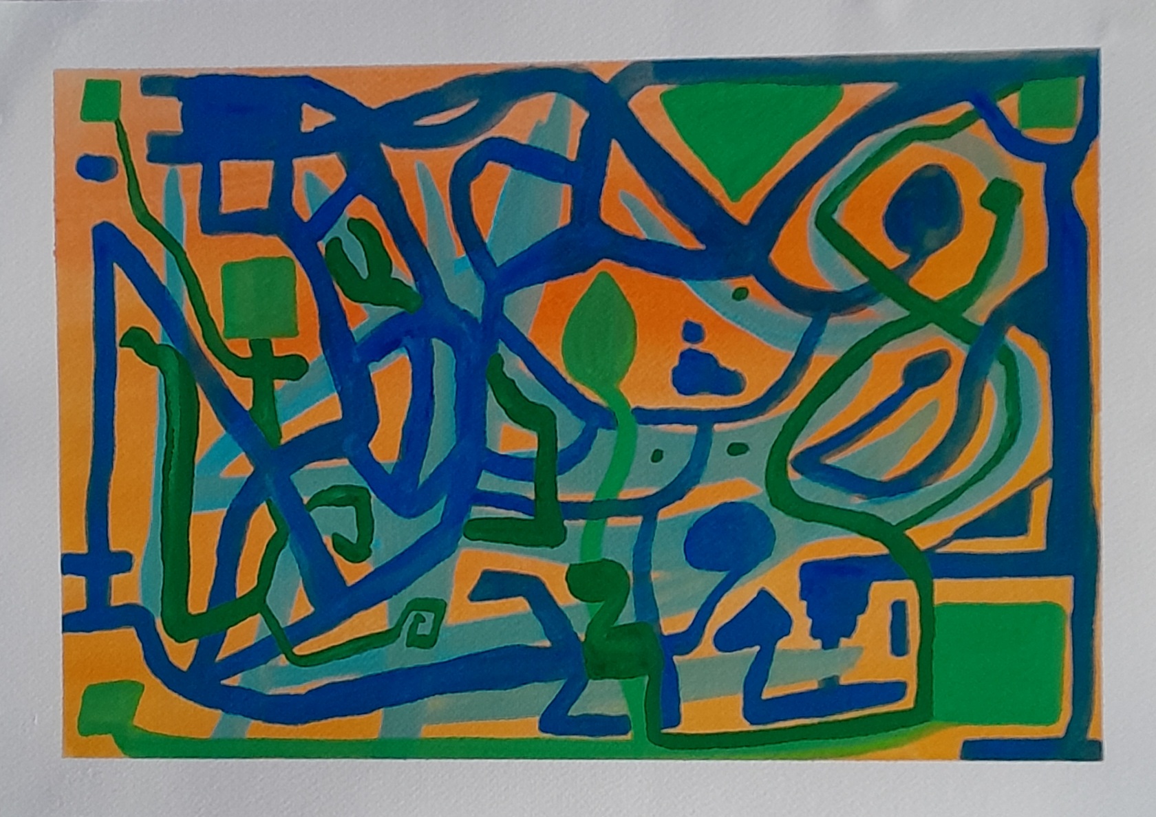 Blue and green interconnected lines over a marigold yellow background