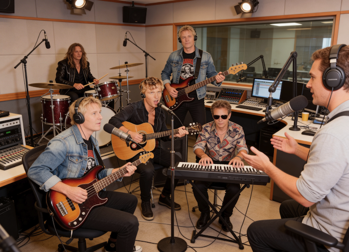 An aging rock band perform and take questions in a BBC live lounge