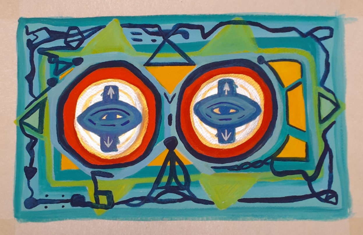 An abstract knotted stick figure watches reels that have eyes and are watching him back, the sillhoettes of third parties are connected to the eyes.The painting is in ligh5 blue, green, orange, yellow, indigo, gold and silver.