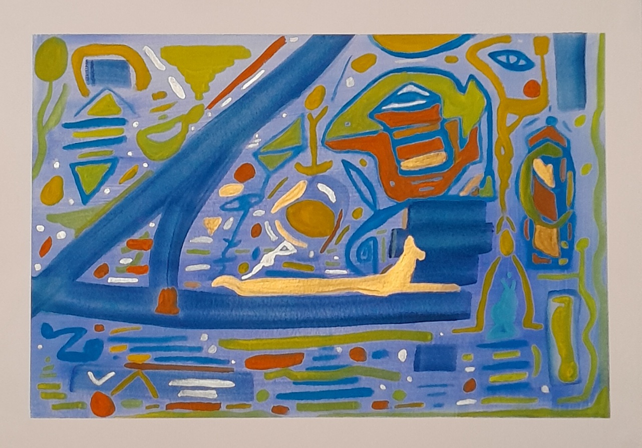 Different shades of blue, yellow, marigold, gold, orange and silver in abstract shapes and suggestion of things