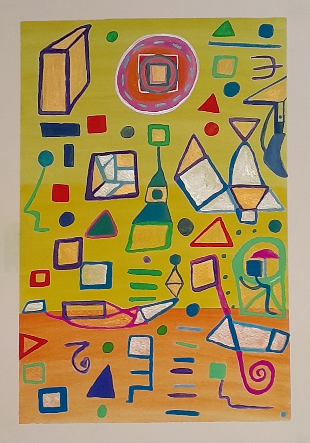 Different geometric shapes, robots, machines, and solar panels on a yellow and orange-red background