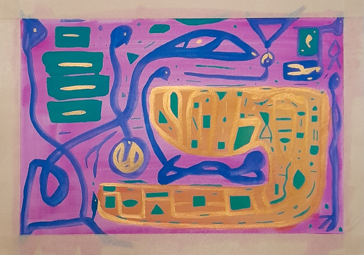 Snakelike ultramarine lines over light violet background. With a yellow block shape decorated with cobalt turquoise mystery writing etched in gold.