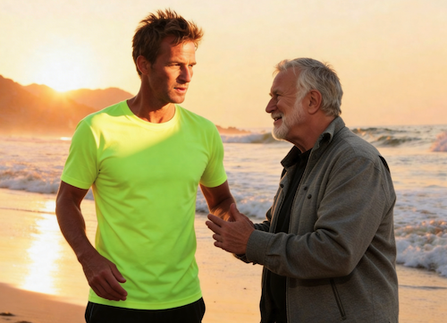 An AI-generated image in which an idealised image of the author as a younger man talks to an idealised image of Mihaly Csikzentmihalyi derived from a Creative Commons images talk animatedly on a West Coast beach