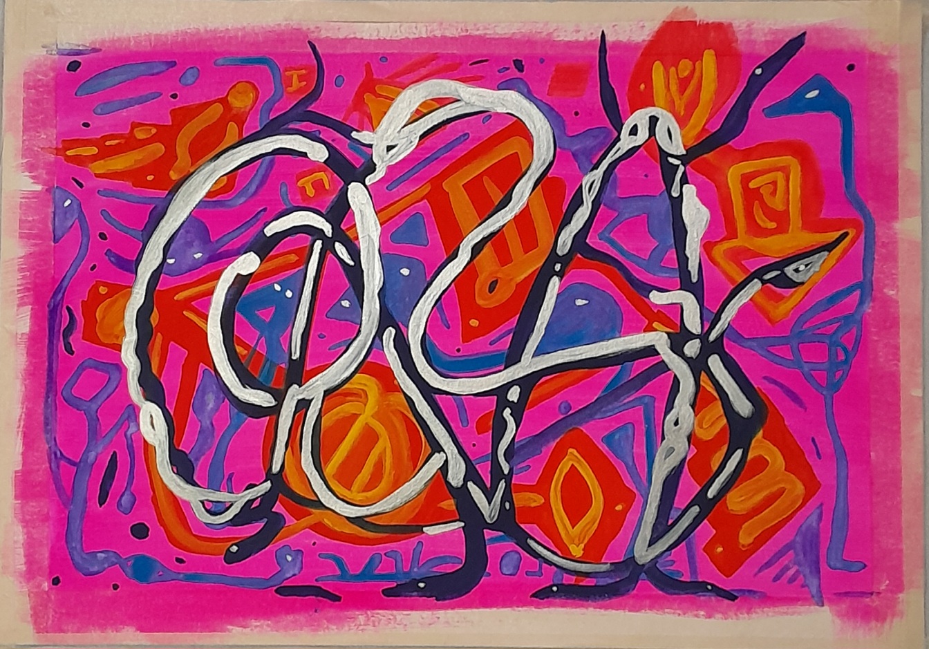 Metallic indigo twisted lines over bright pink background and shapes in blue, red and, yellow