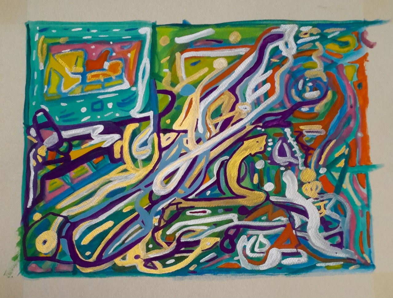 Colourful abstract painting in gold, green, silver, yellow, violet, and blue