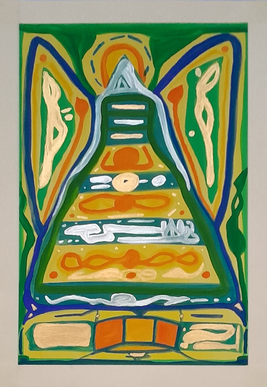Abstract angel in green, blue, yellow, gold and silver