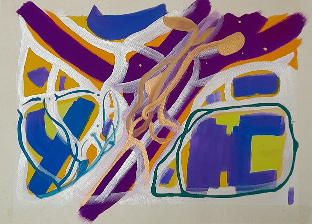 Abstract painting. Gold and silver teisted forms over violet over blocks of blue, yellow, orange background