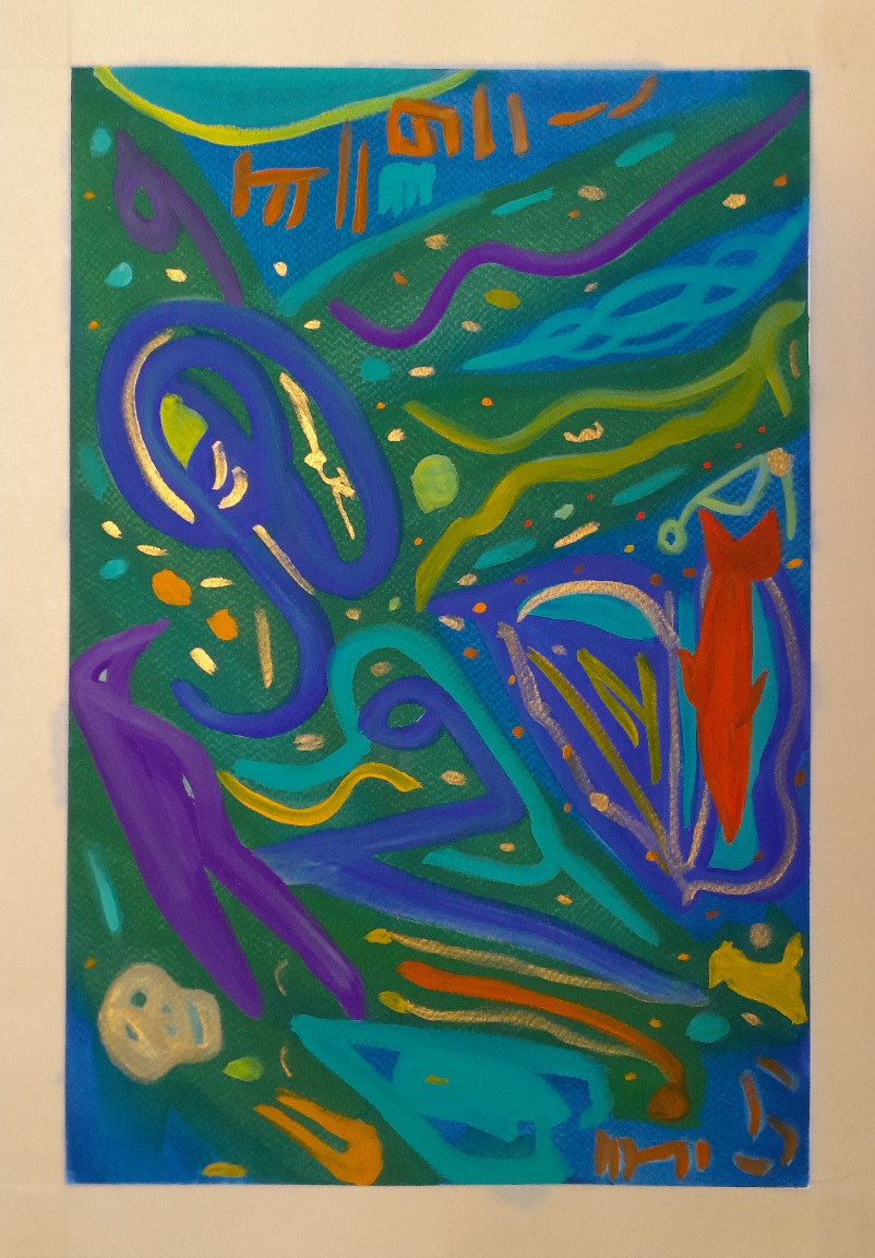 An abstract image in blue, green, red, viole, orange, yellow, and gold. Imterlocking lines and the suggestion of a crow and a fish.