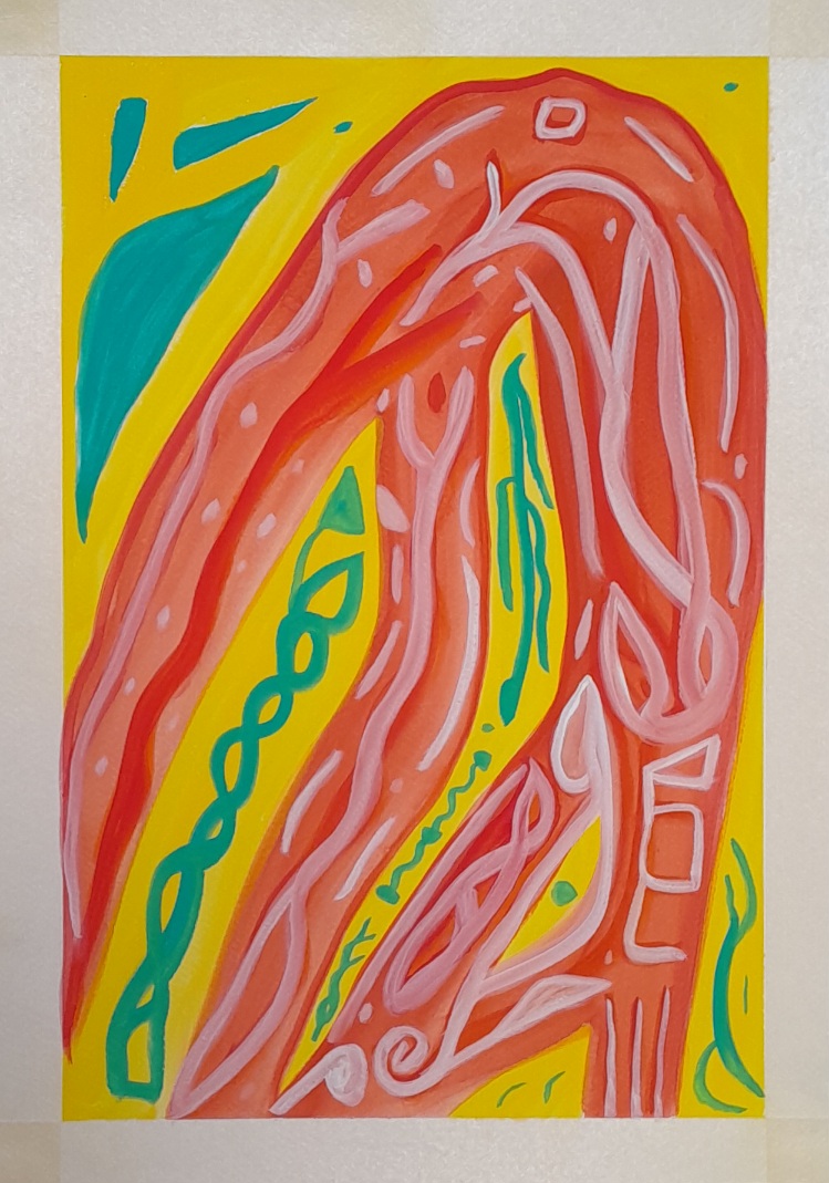 Orange-red being of flame covered in white glyph-like tendrils, over a deep yellow background with turquoise shapes