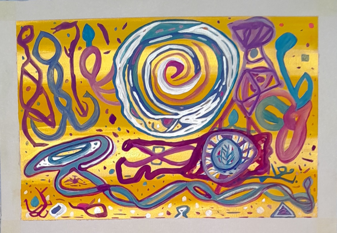 A colourful abstract depiction of proteins over a gold and yellow background