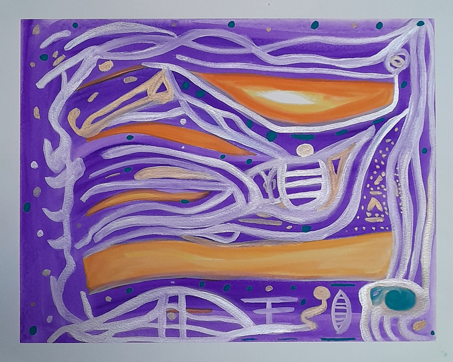 Silver lines of different shapes and tourquise dots over a purple and orange background