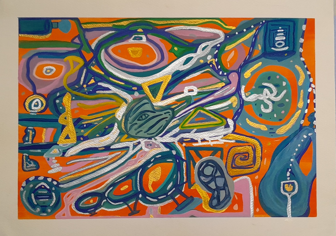 Interwoven lines and colours in yellow, gold, blue, green, pink, and silver over an orange background