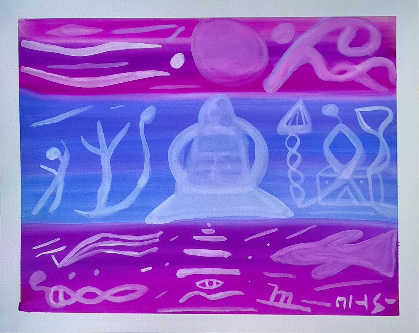 Suggestion of a meditator and thought worlds on a blue and violet background