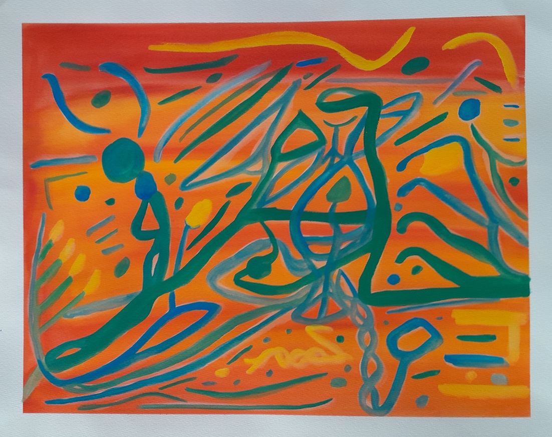 Green, blue, and yellow lines over orange background