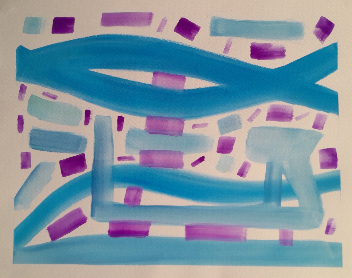 Blue and violet lines and rectangles over a white background.