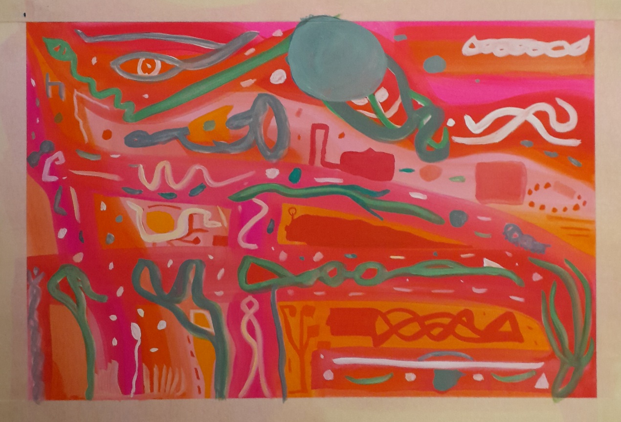 Various forms and knotted shapes in green blue and red over a red pink orange background