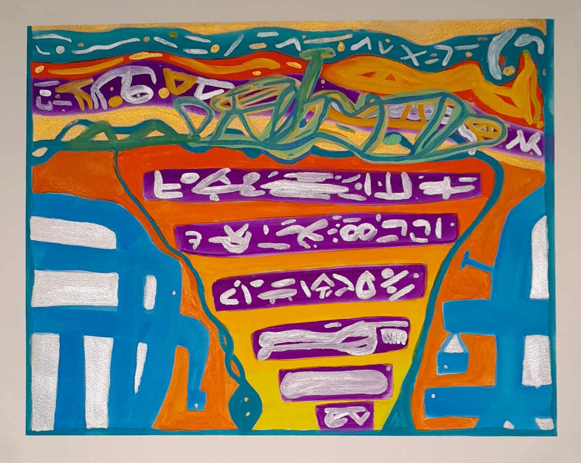 A colourful abstract painting in blue, green, gold, yellow, violet, and orange