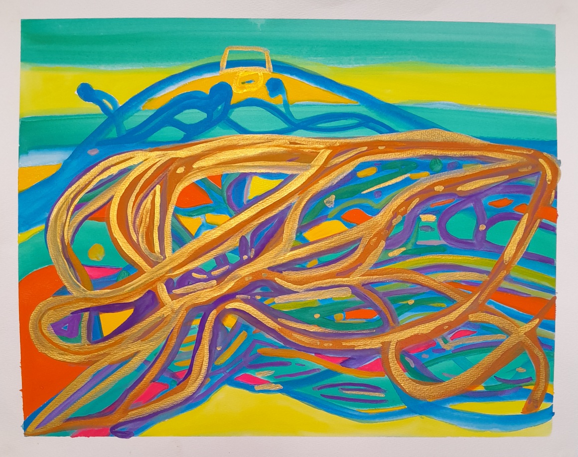 An abstract painting in green, blue, yellow, gold, violet, and orange