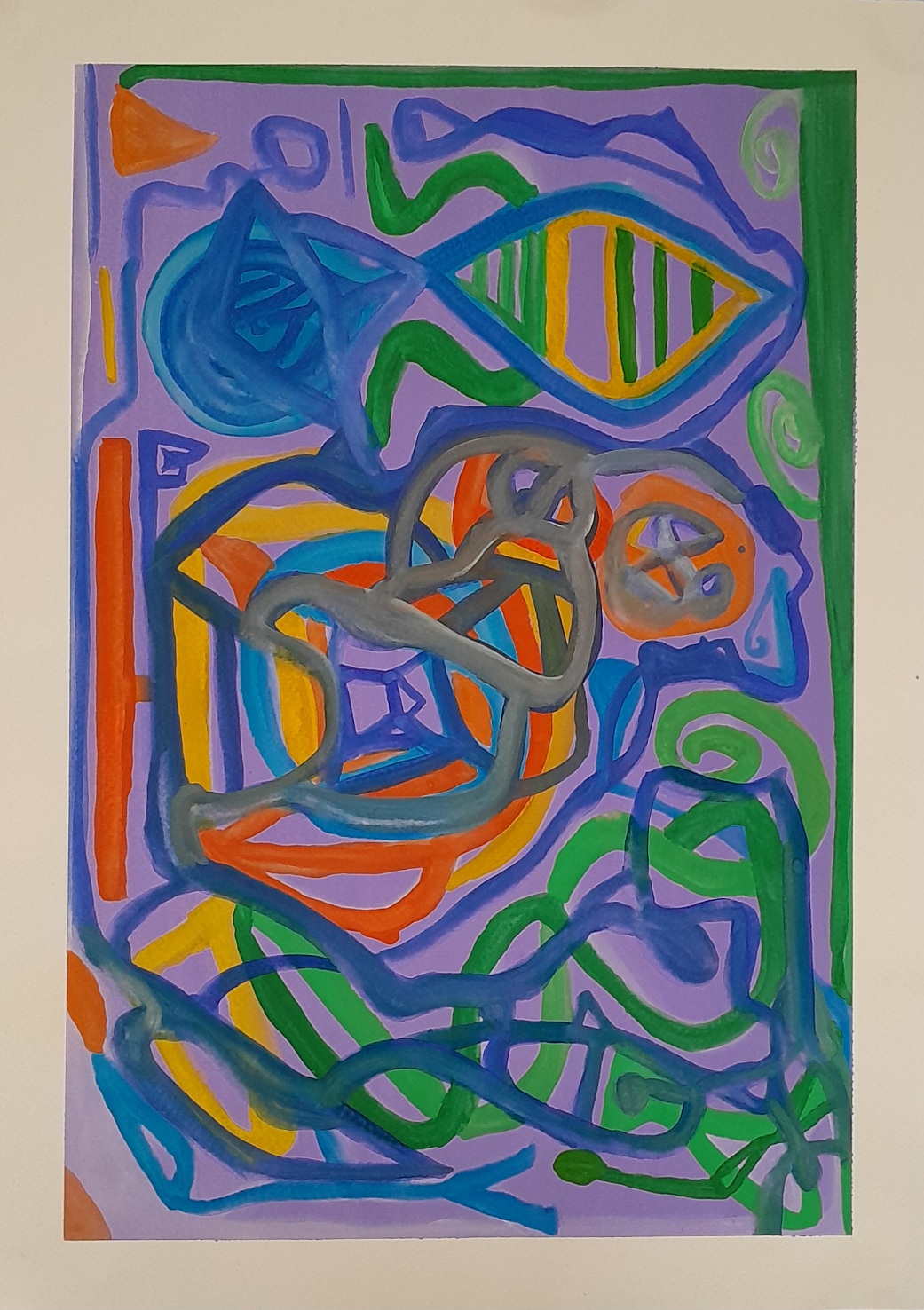 Blue, red, yellow, flame red, green entangled lines over light violet background