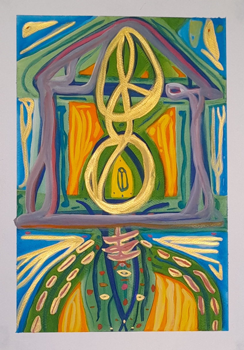 An abstract painting in blue, green, gold, orange and light viilet