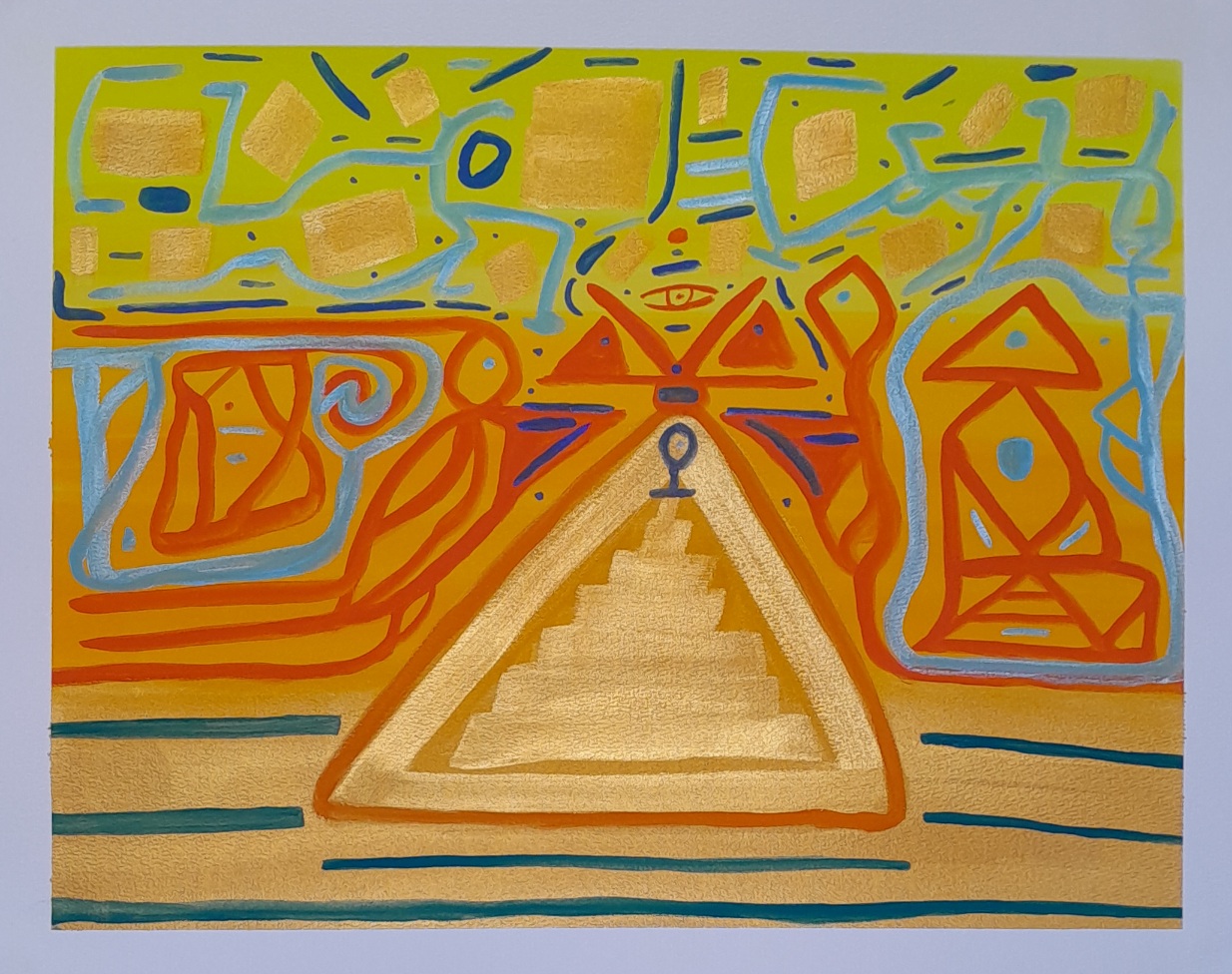 Abstract painting. Gold, blue, red, green, yellow. A gold pyramid in middle and abstract forms surround it.