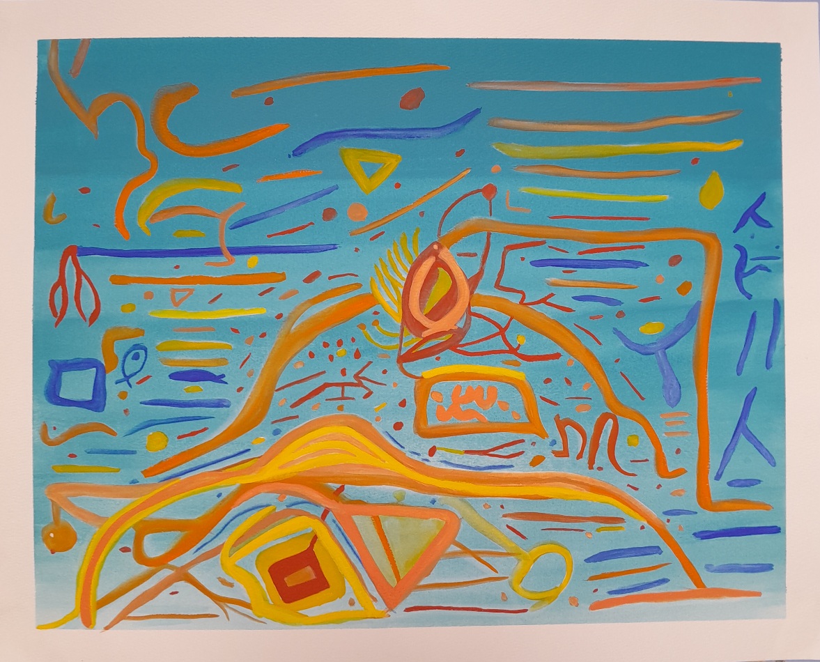 Abstract painting in blue, orange, yellow, and red. Reminds me of ocean life, sea creatures, or plankton