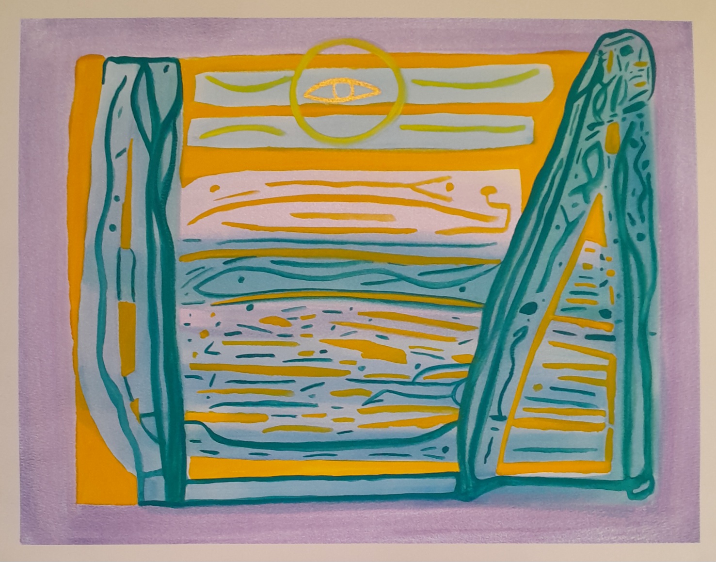 Abstract in deep yellow, cypress green, and gold.    Gives me the impression of an open window and summer breezes