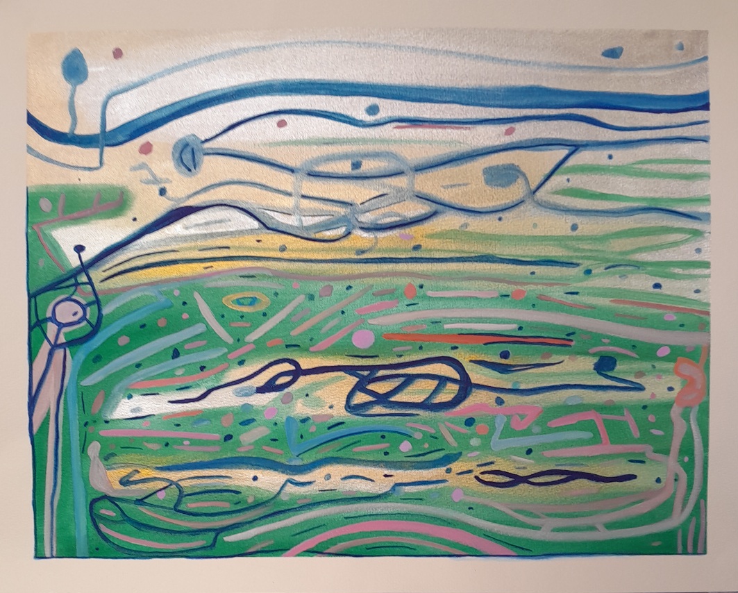 Abstract image with interwoven lines in silver, gold, pink, indigo, green, and blue.