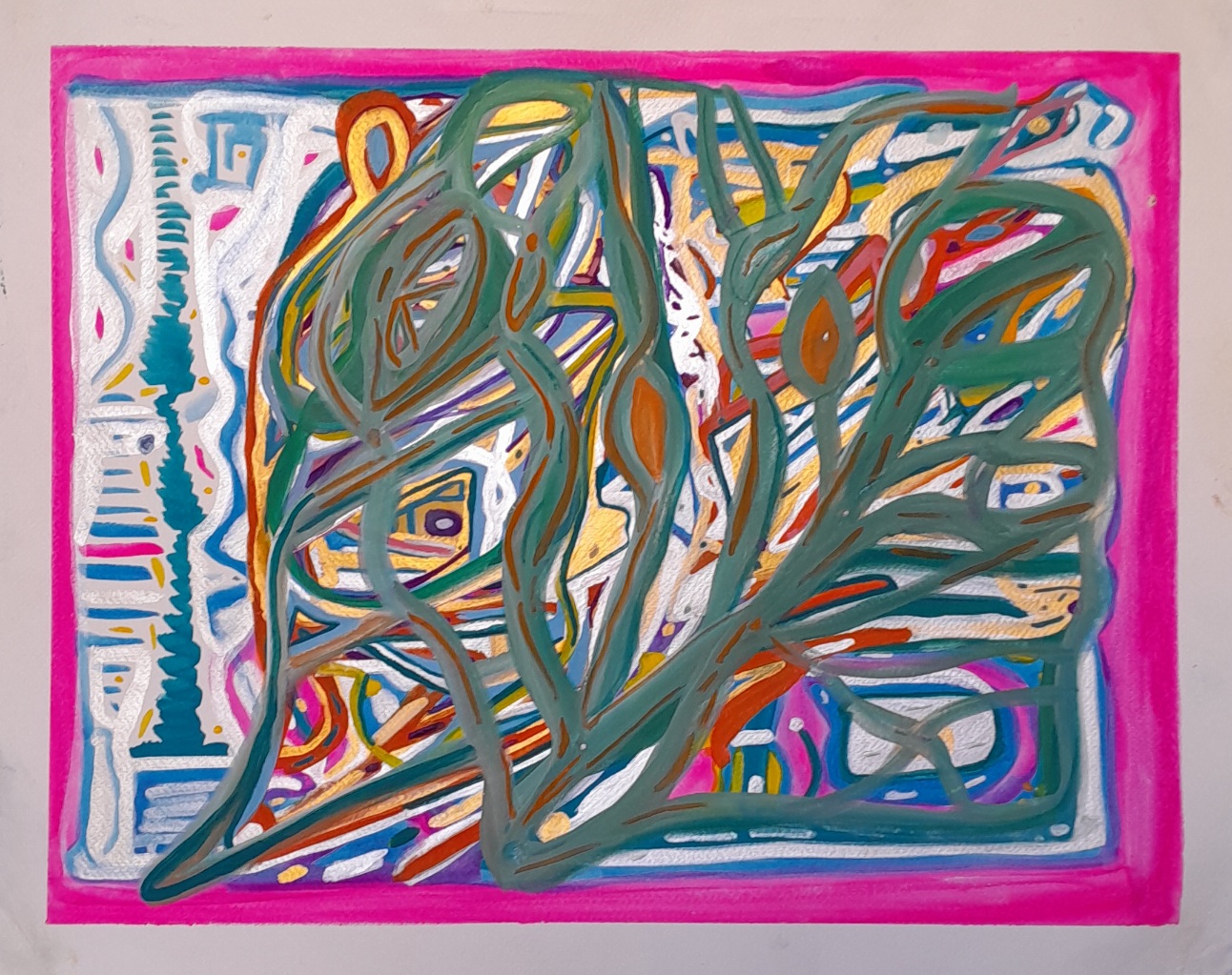 Abstract composition in silver, Cyprus green, gold, pink, blue, and orange. Gives me the impression of winter