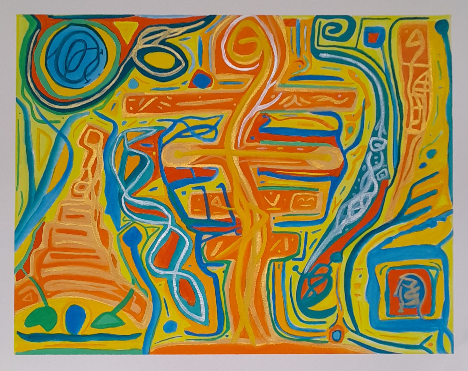 Colourful abstract composition in orange, red, gold, silver, blue, green, and yellow. Feels warm and vibrant with life and colour like the summer. The lines create a feeling of movement.