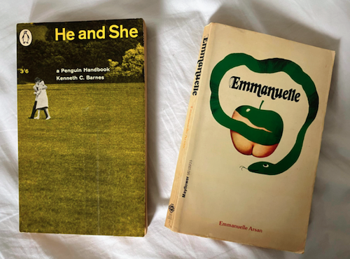 Book covers for each of He and She by Kenneth C Barnes and Emmanuelle by Emmanuelle Arsan