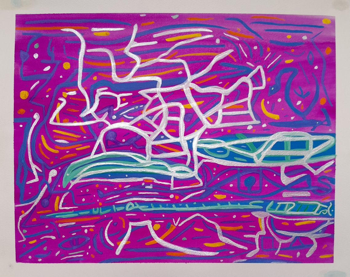 Streaks of silver across purple background with interwoven blue lines and dots of deep yellow and orange