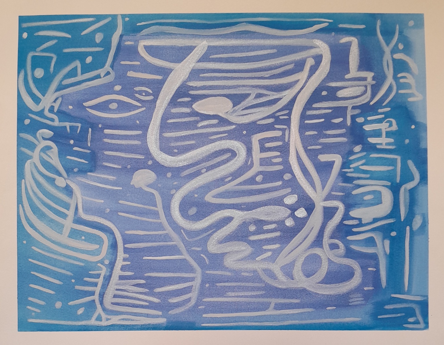 Irregular silver and white lines and forms over a blue background of different hues