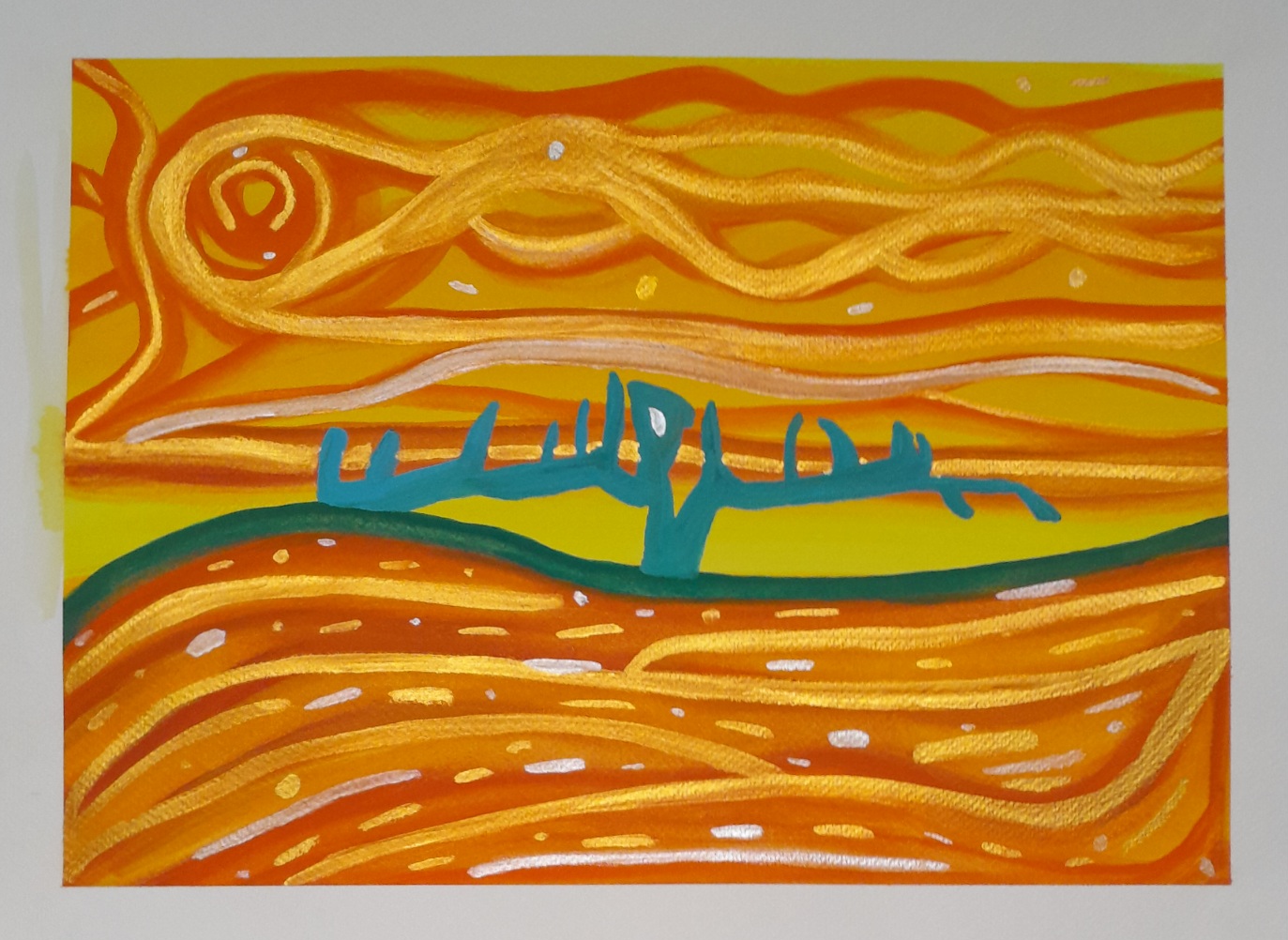 An abstract painting of what looks like a blue leafless tree over a yellow background. There is a line of green to suggest ground, both a above and below are wavy lines of copper, gold, and silver