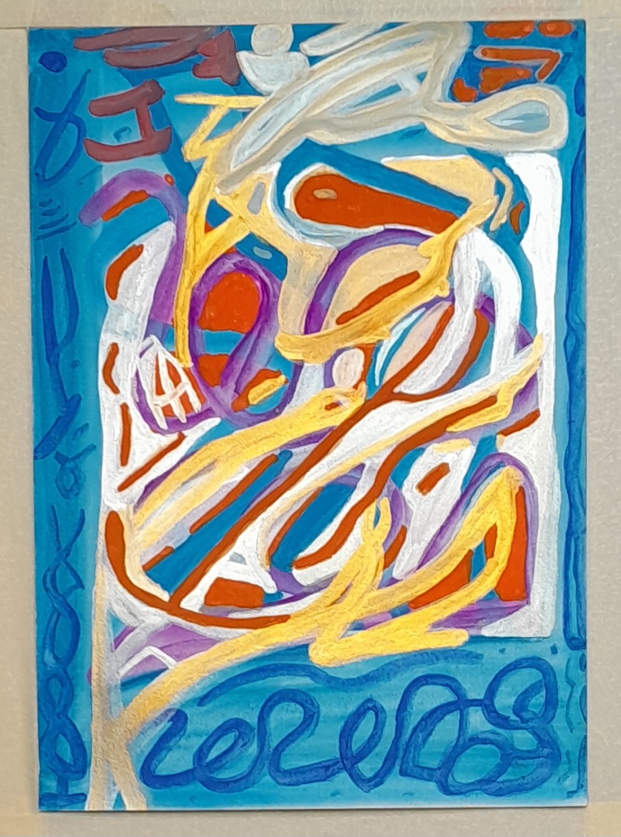 Abstract painting in blue, gold, red, violet, and silver