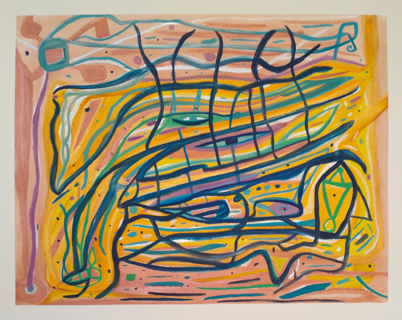 An abstract painting in copper, gold, silver, indigo, green, and, yellow. Makes me think of a cave painting