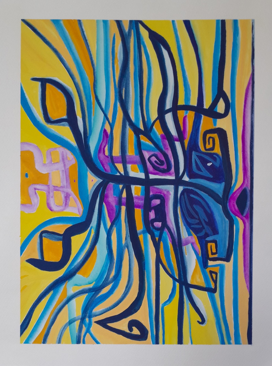 Colourful abstract portrait in indigo, light blue, violet, yellow, and orange
