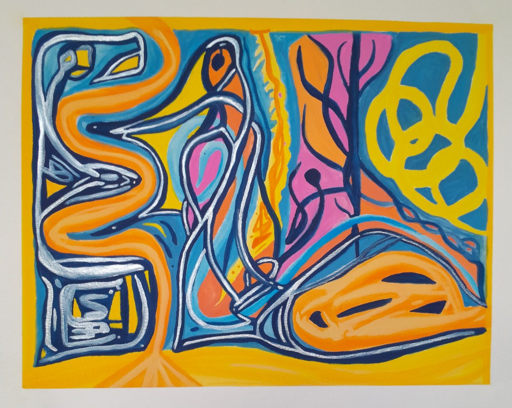 Colourful abstract in yellow, orange, blue, pink, and silver. With knotted flowing entangled lines. The silver lines give an impression of metal. It makes me think of fire.