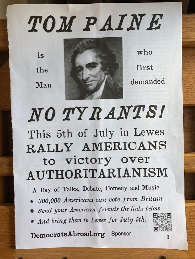 A handprinted poster celebrating the life of Tom Paine and the event on 5th July 2026 celebrating democracy in Lewes