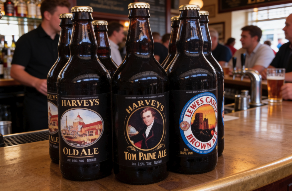 An AI-generated composite shot of a pack shot of Harvey's Brewery beers on the counter of a pub.