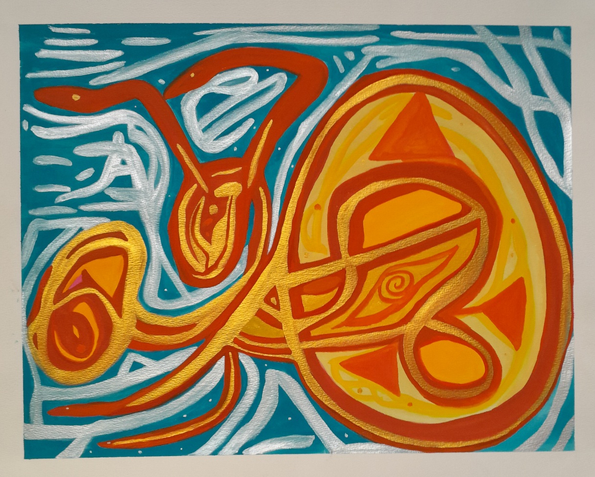 Abstract insectoid in gold and orange-red over a blue and silver background