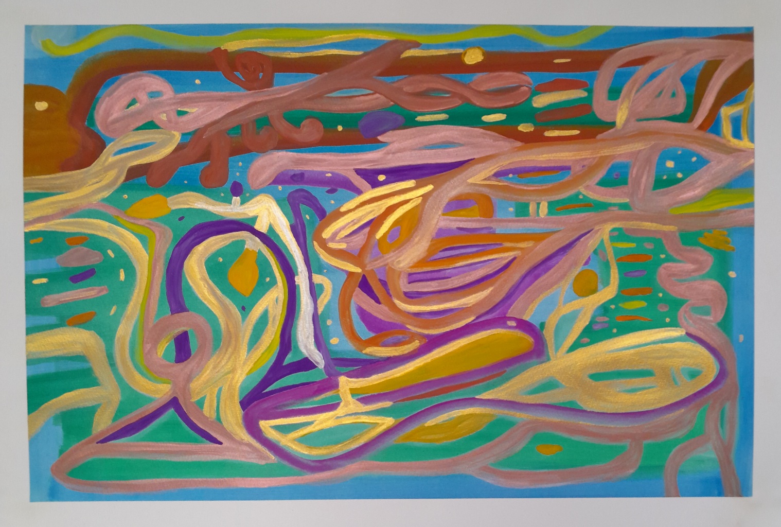Copper, gold, silver, deep yellow, venetian red, deep violet, blue, and green swirl together into an abstract landscape