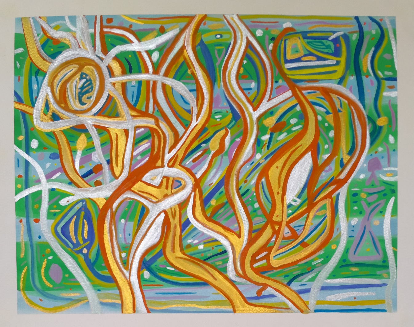 An abstract painting, wavy silver, gold, and orange lines over a green, blue background. Gives the impression of plant growth.