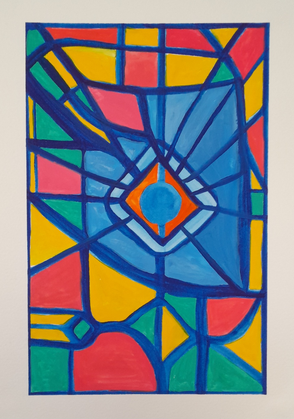An abstract composition it looks like a side profile made out of stained glass, at the centre is a mysterious orb