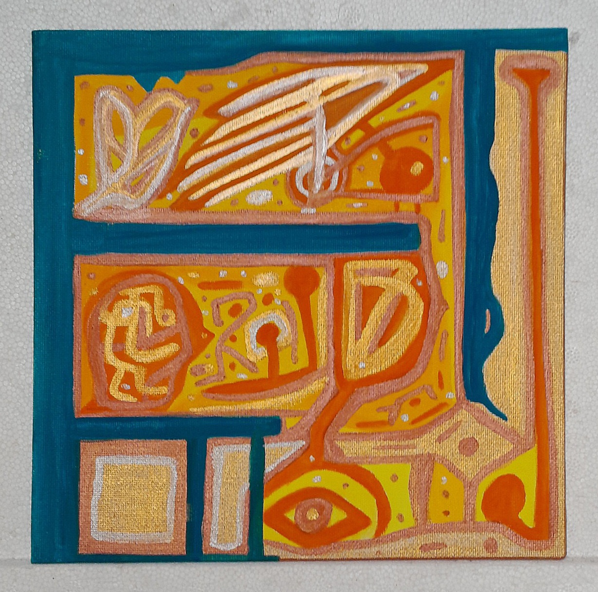 Abstract hieroglyphs in blue, orange, yellow, copper, silver, and gold