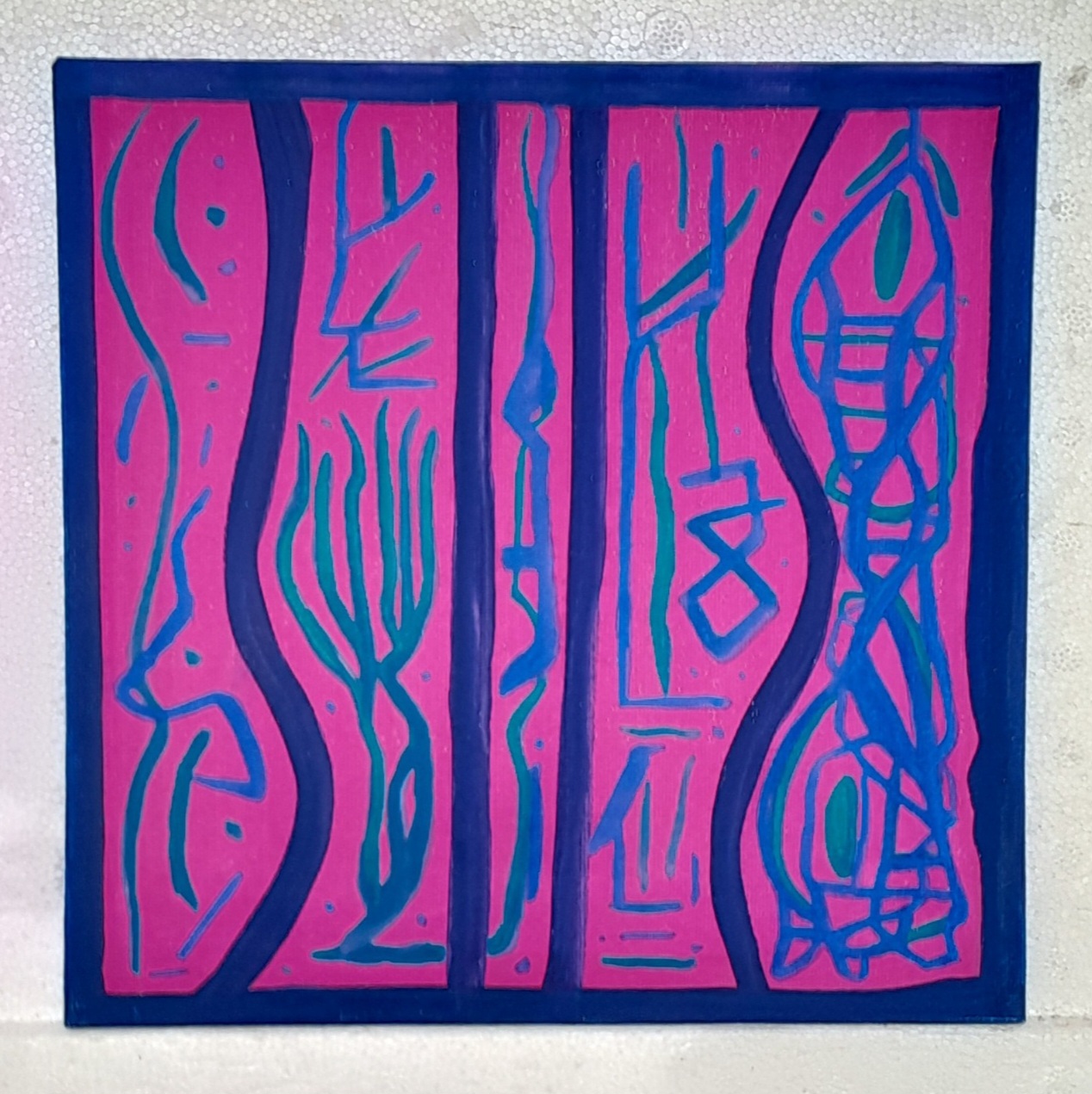 Abstract lines and forms in pink, blue, and green.
